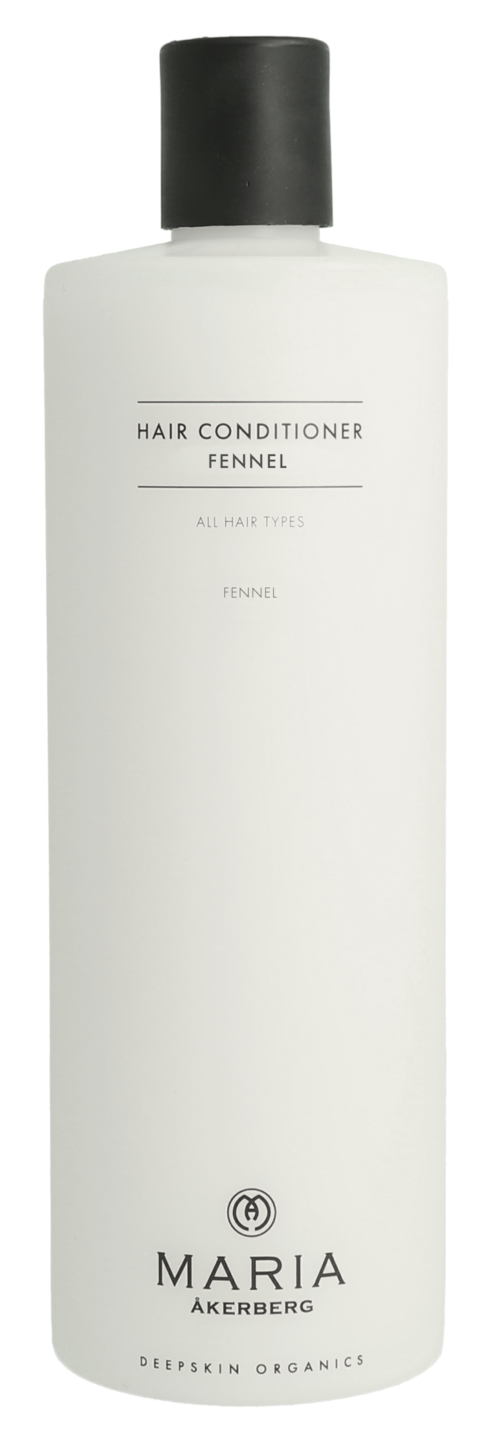 Een witte fles haarconditioner met een zwart deksel, gemarkeerd 'Fennel' en 'Maria Åkerberg.'