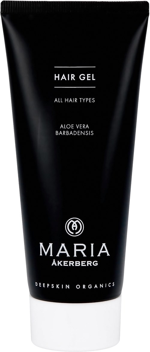 En svart tube med hårgelé med hvit hette, merket med merkevare, aloe vera og egner seg for alle hårtyper.