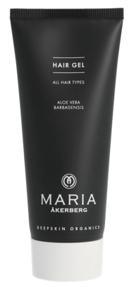 En svart og hvit tube med hårgelé merket 'Maria Åkerberg' med aloe vera og økologiske ingredienser.