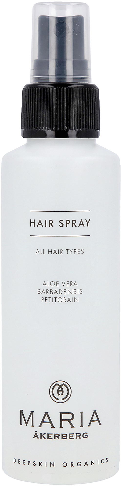 Een witte sprayfles gemarkeerd als haarspray voor alle haartypes met aloë vera, barbadenis en petitgrain.