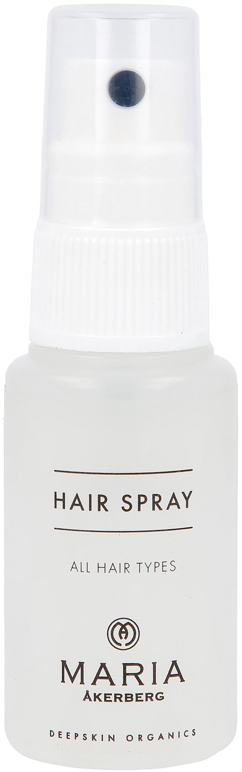 Een witte sprayfles met 'Hair Spray' voor alle haartypes, gemaakt door Maria Åkerberg, biologisch en natuurlijk.