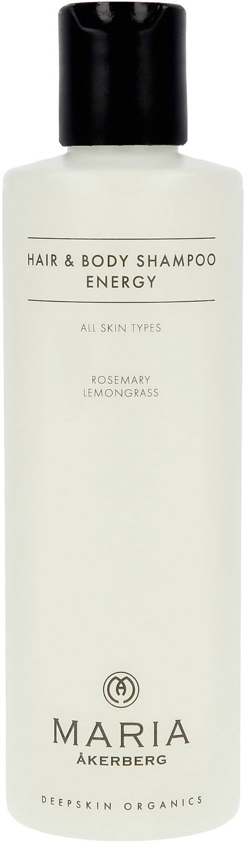 Eine weiße Flasche mit schwarzem Deckel, beschriftet als Haar- und Körpershampoo mit Rosmarin und Zitronengrasduft.
