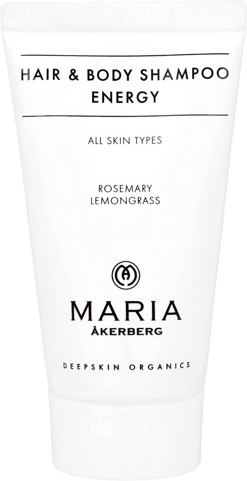 Eine weiße Tube mit MARIA ÅKERBERG Shampoo, schwarzer Text, mit Rosmarin und Zitronengras, für alle Hauttypen.