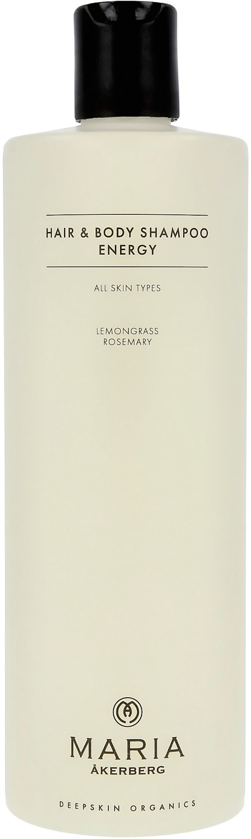 Eine weiße Flasche mit schwarzem Deckel, Shampoo mit Zitronengras und Rosmarin, für alle Hauttypen.