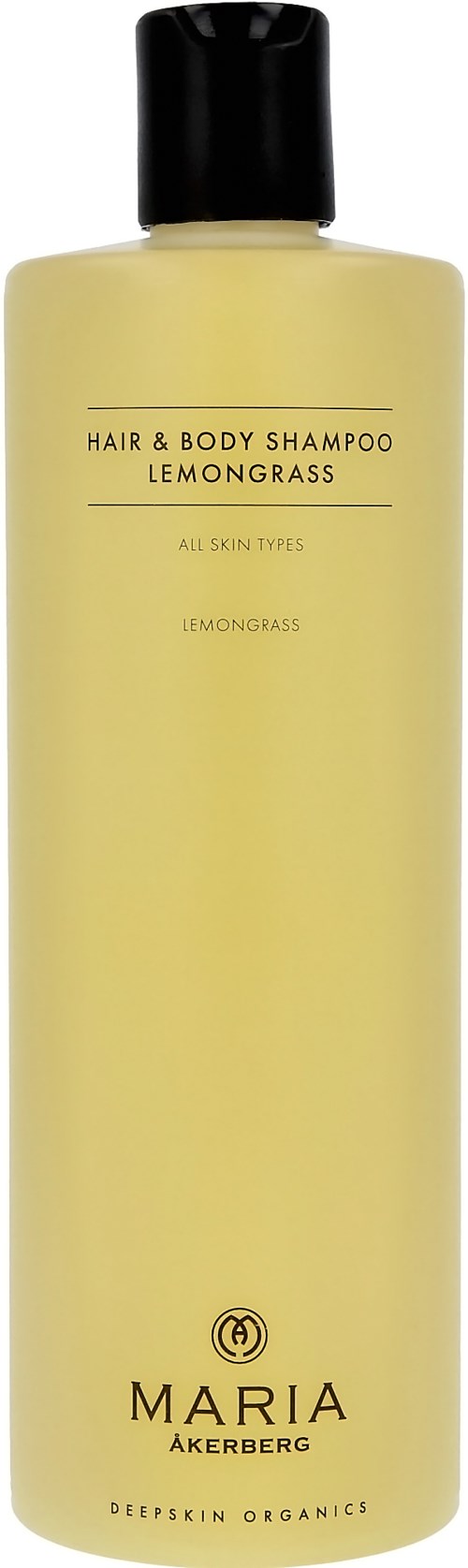 Eine gelbe Flasche mit schwarzem Deckel, beschriftet 'Hair & Body Shampoo Lemongrass' für alle Hauttypen.