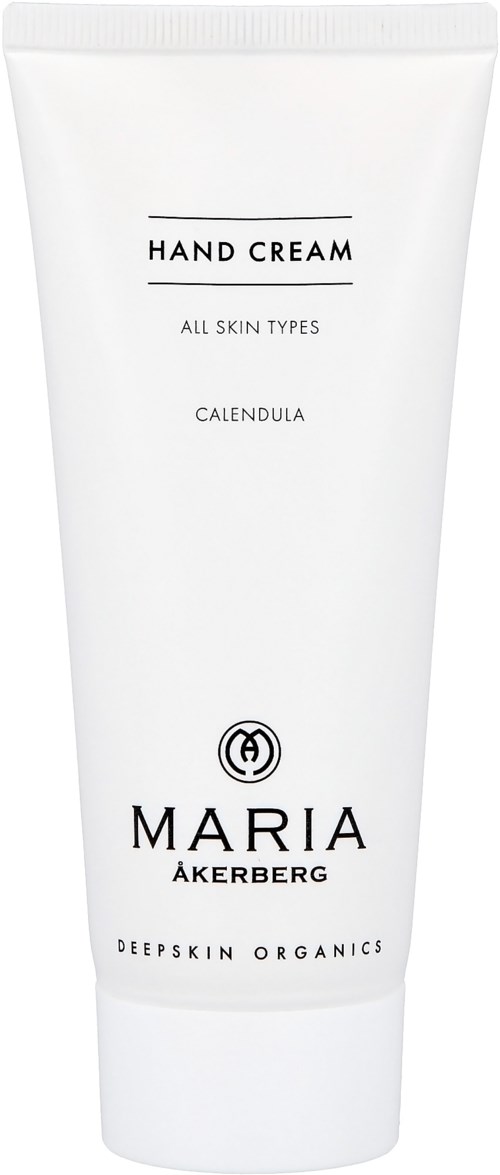 Eine weiße Tube mit Handcreme für alle Hauttypen mit Ringelblume von Maria Åkerberg, biologisch.