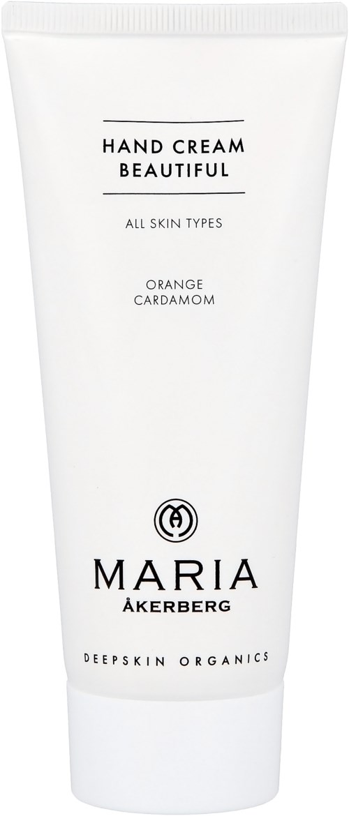 Weiße Tube Handcreme mit 'Beautiful' beschriftet, orange und Kardamom Duft. Für alle Hauttypen. Maria Åkerberg Marke.