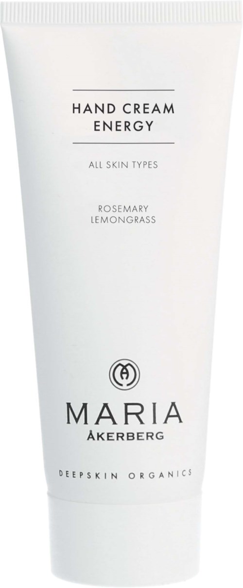 Ein weißer Handcreme-Tube mit 'Maria Åkerberg' Beschriftung, Duft von Rosmarin und Zitronengras, für alle Hauttypen.