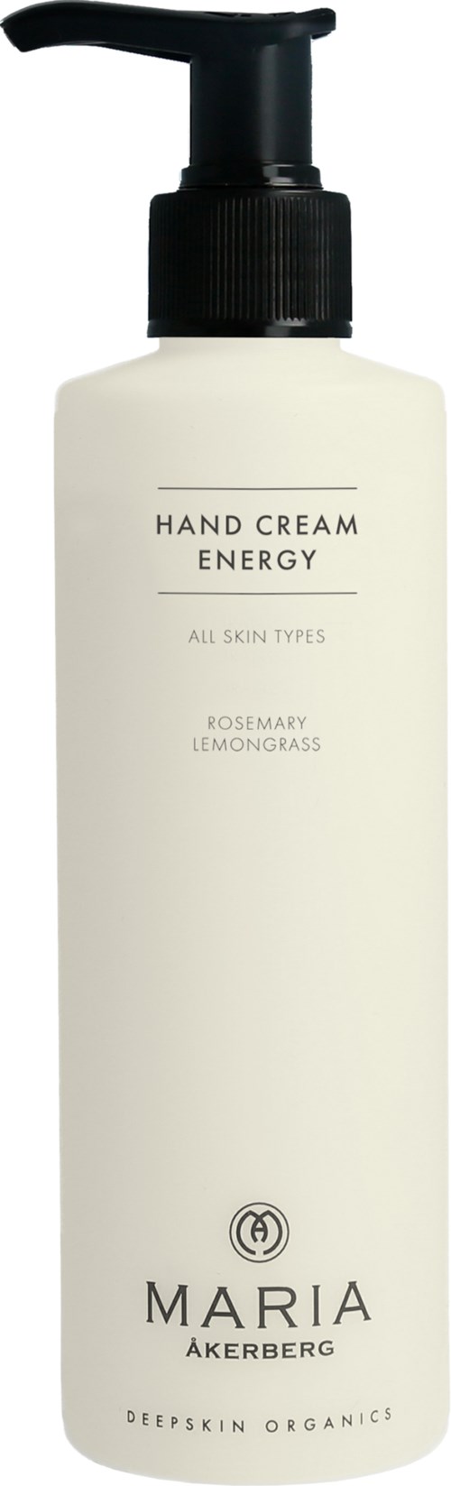 Een witte fles met pomp, label 'Hand Cream Energy', bevat rozemarijn en citroenmelisse, voor alle huidtypes.