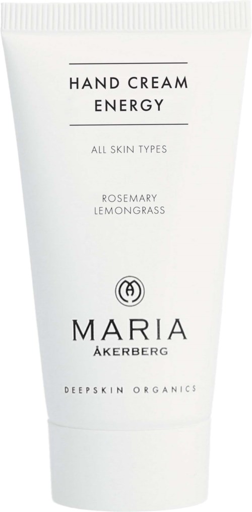 Vit tub med svart text, märkt som handkräm med energi, rosmarin och citrongräs doft, passar alla hudtyper.