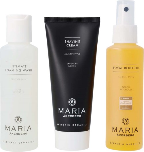 Three skin care products: a foam wash, a shaving cream, and body oil, all from Maria Åkerberg with natural ingredients.