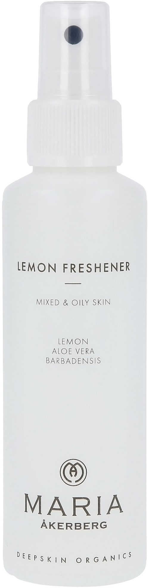Een witte sprayfles met 'Lemon Freshener' voor huid, met citroen en aloë ingrediënten, geschikt voor vette huid.