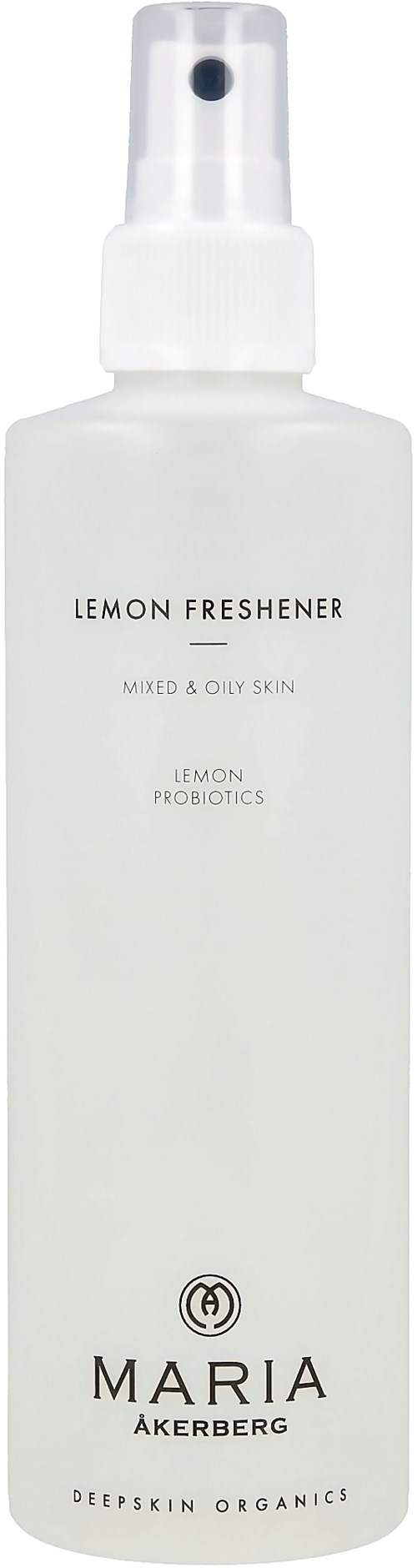Een witte sprayfles met label Lemon Freshener voor gemengde en droge huid, met citroenprobiotica, door Maria Akerberg.