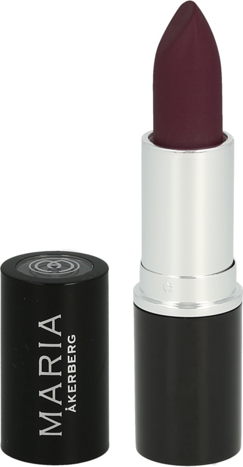 A dark purple lipstick in a silver and black case, with the lid open showing the lipstick.
