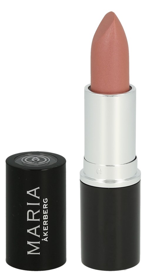 A lipstick with a beige color in a silver and black case. The cap is removed, revealing the lipstick.