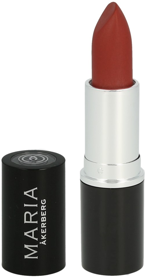 A red lipstick with a black and white tube and cap, standing upright.