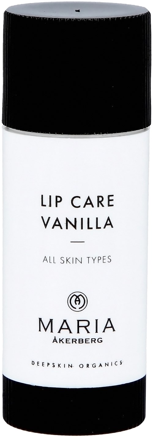 A white bottle with black cap and text, labeled 'Lip Care Vanilla' for all skin types by Maria Åkerberg.