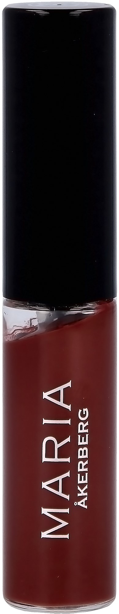 A lipstick tube with a red shade, black cap, and the brand name 'MARIA AKERBERG' written on it.