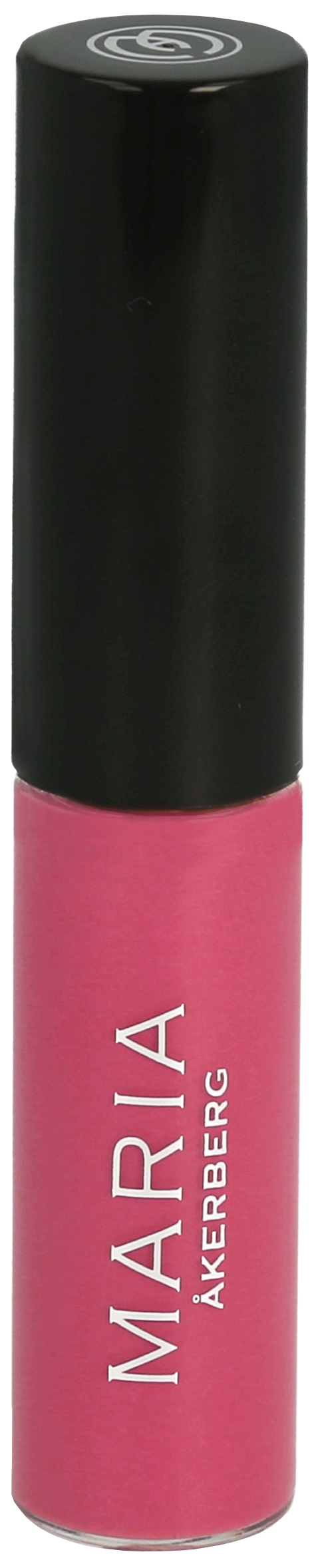 A pink lip gloss tube with a black cap and white text reading "MARIA AKERBERG".