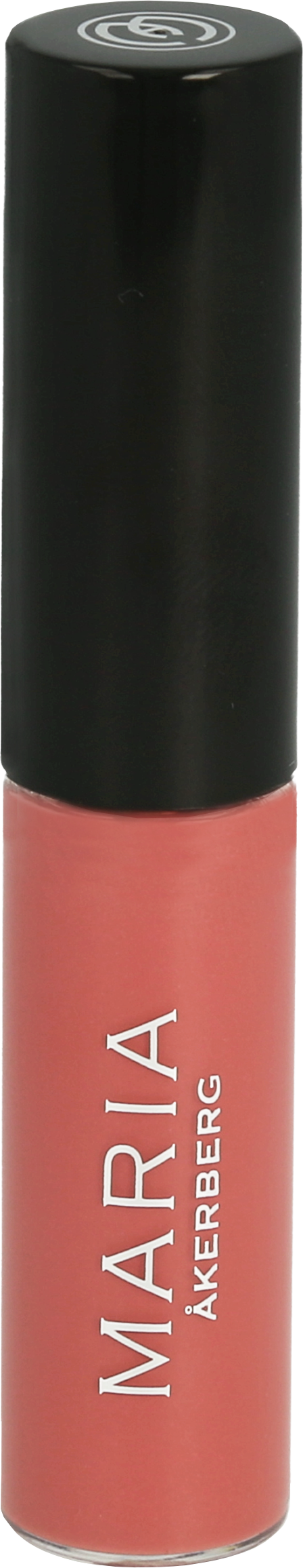 A lip gloss with black cap and pink tube, labeled 'MARIA AKERBERG' in white text.