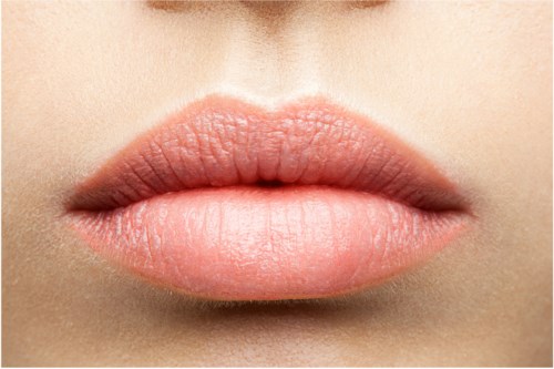 Close-up of soft, pink lips with natural texture and minimal makeup.