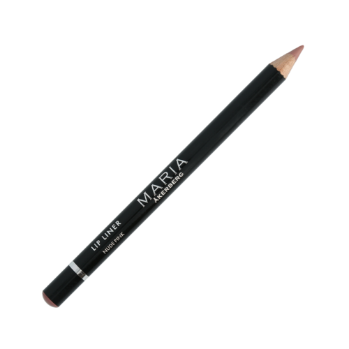 A black lip liner pencil with silver and white writing, labeled 'Maria' and 'Nude Pink.'