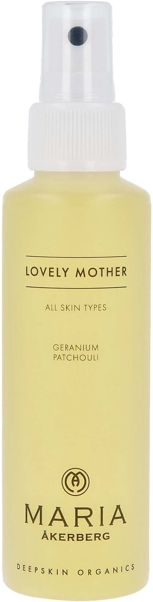 Eine gelbe Sprühflasche mit "Lovely Mother" für alle Hauttypen, mit Geranie und Patchouli. Mit schwarzer Sprühdüse.