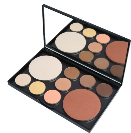 En makeup-palett med olika nyanser av puder och rouge i en svart ask.