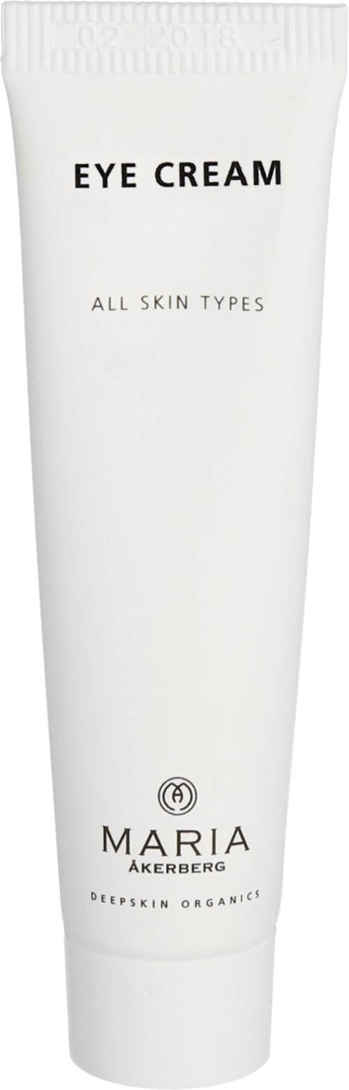 Een witte tube aangeduid als oogcrème geschikt voor alle huidtypes, door Maria Åkerberg, Deep Skin Organic.