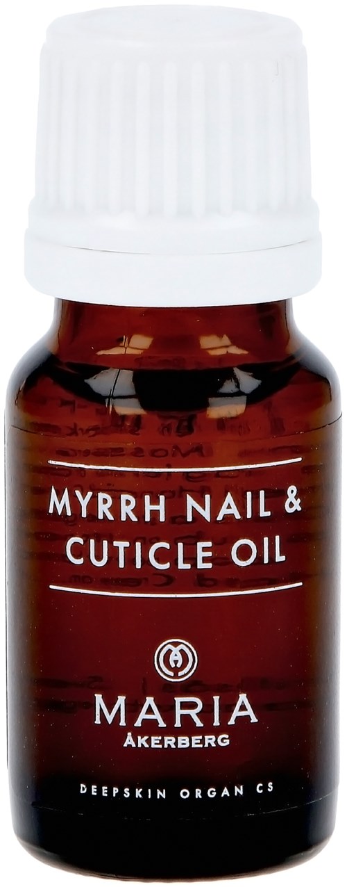 Kleine bruine fles met witte dop, labelt Myrrh Nail & Cuticle Oil, merk Maria Åkerberg.