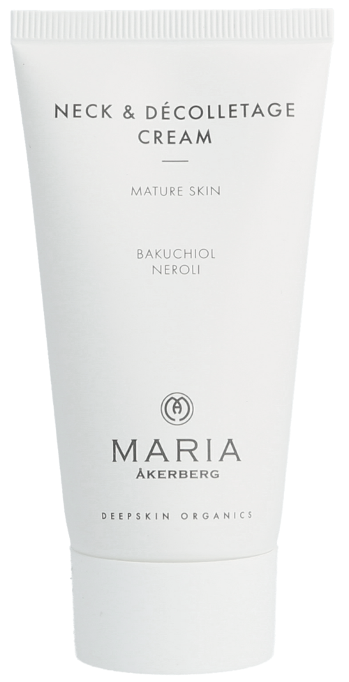 Eine weiße Tube mit Creme mit schwarzem Text für Hals und Dekolleté, von Maria Åkerberg, für reife Haut.
