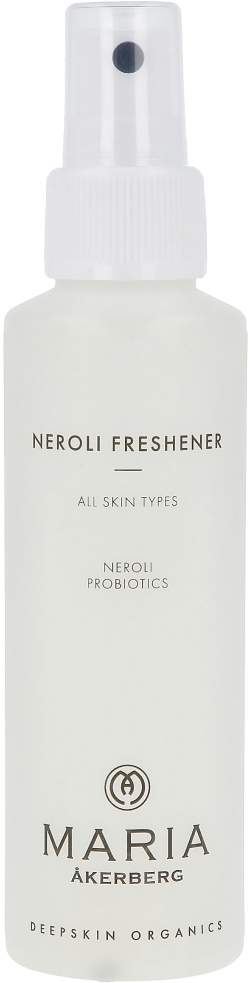 Clear spray bottle labeled as Neroli Freshener for all skin types with neroli probiotics by Maria Åkerberg.