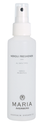 A white spray bottle labeled 'Neroli Freshener' for all skin types, with 'Maria Akerberg' and organic ingredients, minimalist design.