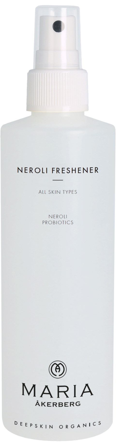 Een witte sprayfles met Neroli Freshener voor alle huidtypes door Maria Åkerberg.