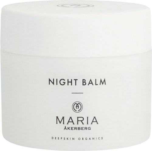 Een witte pot met label Night Balm van Maria Akerberg, gemaakt door Deepskin Organics.