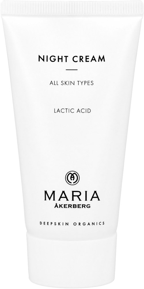 Eine weiße Tube Maria Åkerberg Nachtcreme für alle Hauttypen mit Milchsäure, von Deepskin Organics.