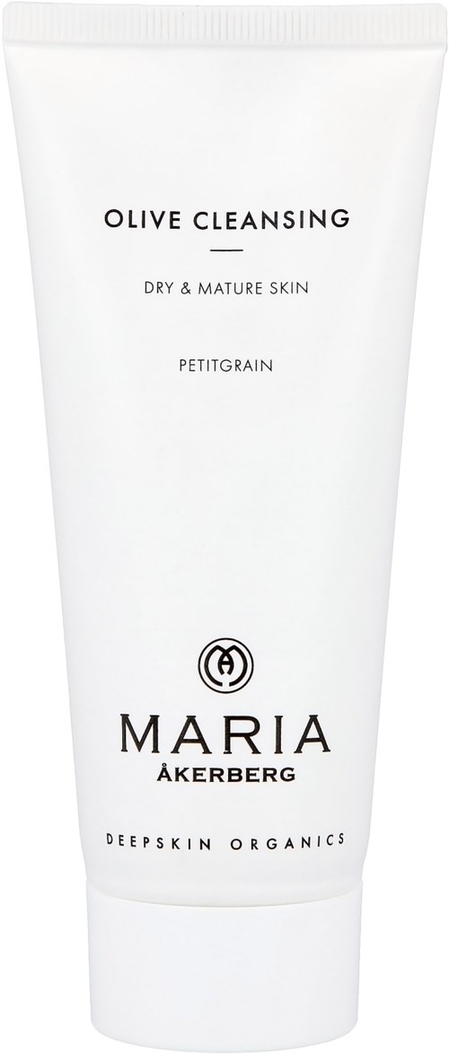 En vit tub märkt 'Olive Cleansing' för torr och mogen hud av Maria Åkerberg.