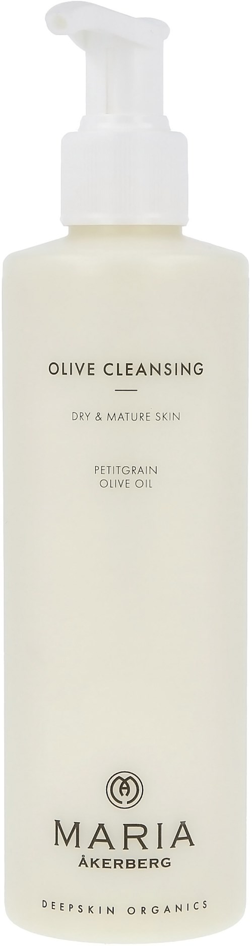 A white bottle with a pump, labeled 'Olive Cleansing' for skin, contains olive oil and is from Maria Åkerberg.