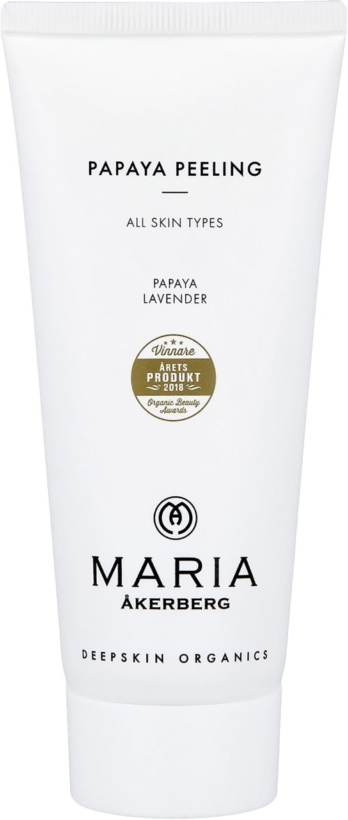 Witte tube van Maria Åkerberg papaya peeling met tekst over huidverzorging en ingrediënten zoals lavendel.
