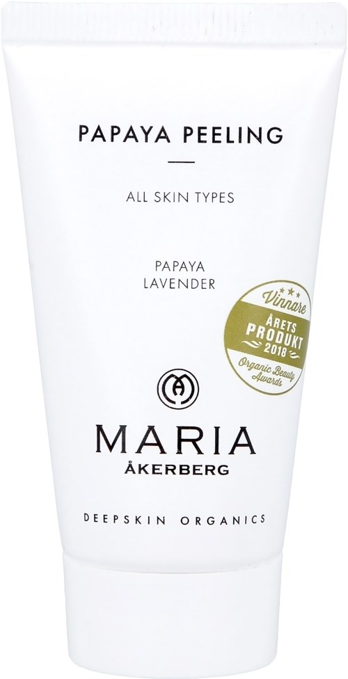 A white tube labeled 'Papaya Peeling' for all skin types, with lavender scent, by Maria Åkerberg. Contains organic ingredients.