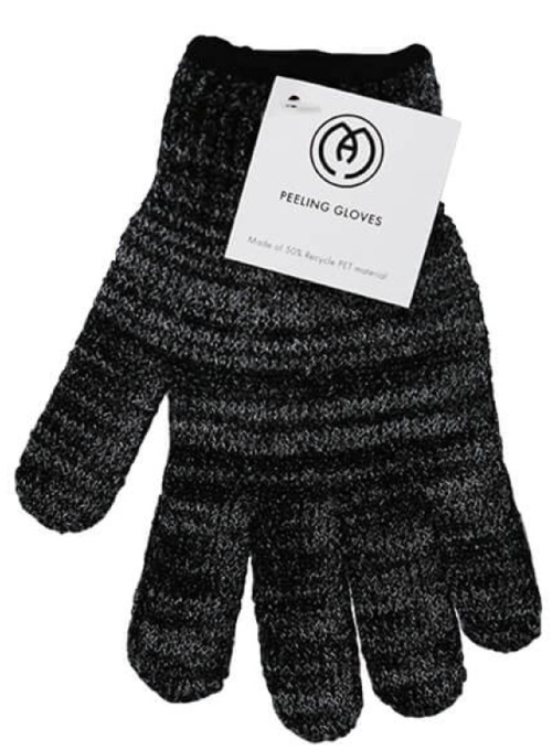 Een paar zwart/grijze gestreepte peelhandschoenen met een label.