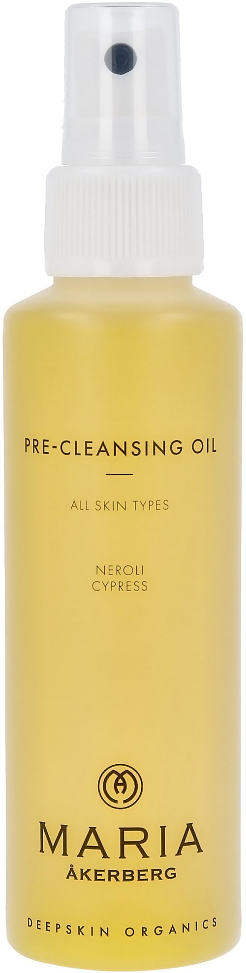 Keltainen suihkepullo, jossa lukee 'Pre-Cleansing Oil' kaikista ihotyypeistä, valkoinen suihkepää, nimeltään Maria Åkerberg.