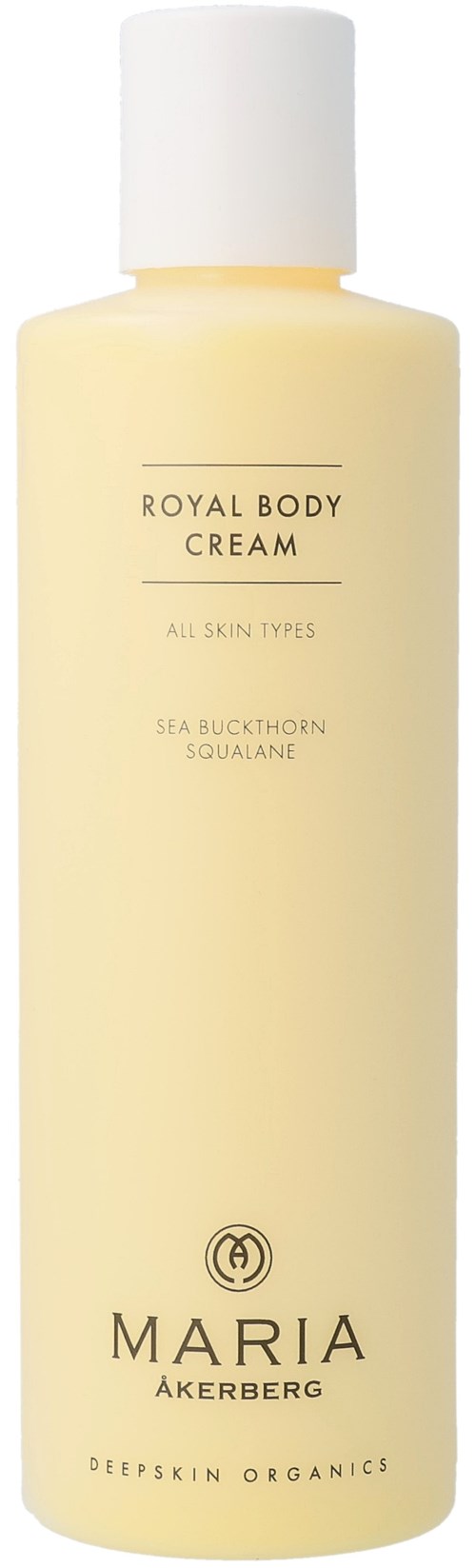 En lång flaska med kräme, märkt Royal Body Cream av Maria Åkerberg, med ingredienserna hav och octhon och squamine.