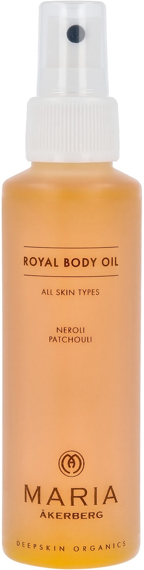 Eine Flasche Maria Akerberg Royal Body Oil für alle Hauttypen mit Neroli und Patchouli Duft.