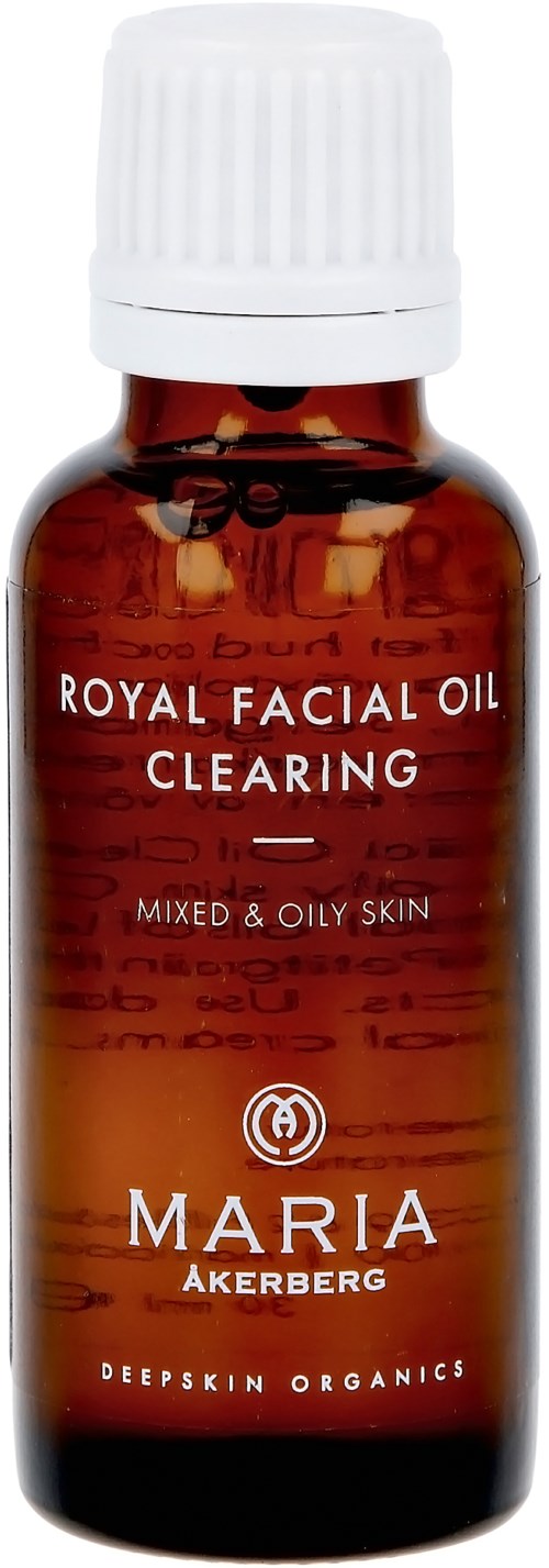Klein bruin flesje met label 'Royal Facial Oil Clearing' voor gemengde en vette huid, door Maria Akerberg van Deep Skin Organics.
