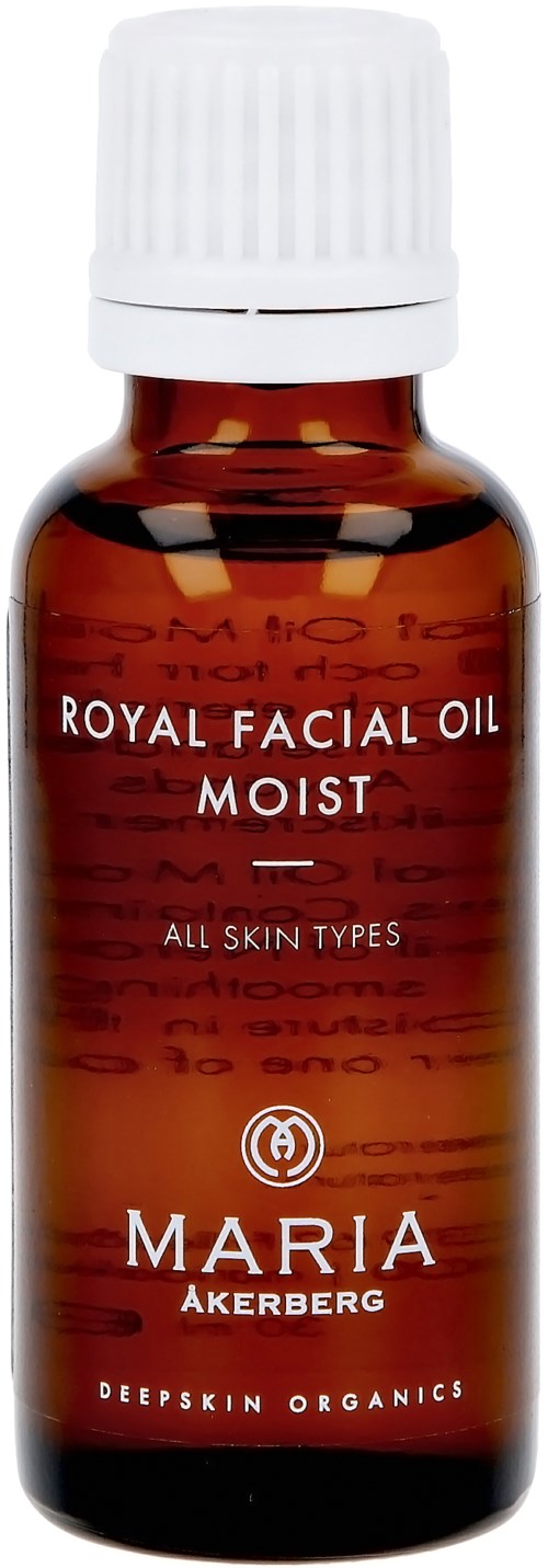 En liten brun flaske merket 'Royal Facial Oil Moist' av Maria Åkerberg, egnet for alle hudtyper, fra Deepskin Organics.