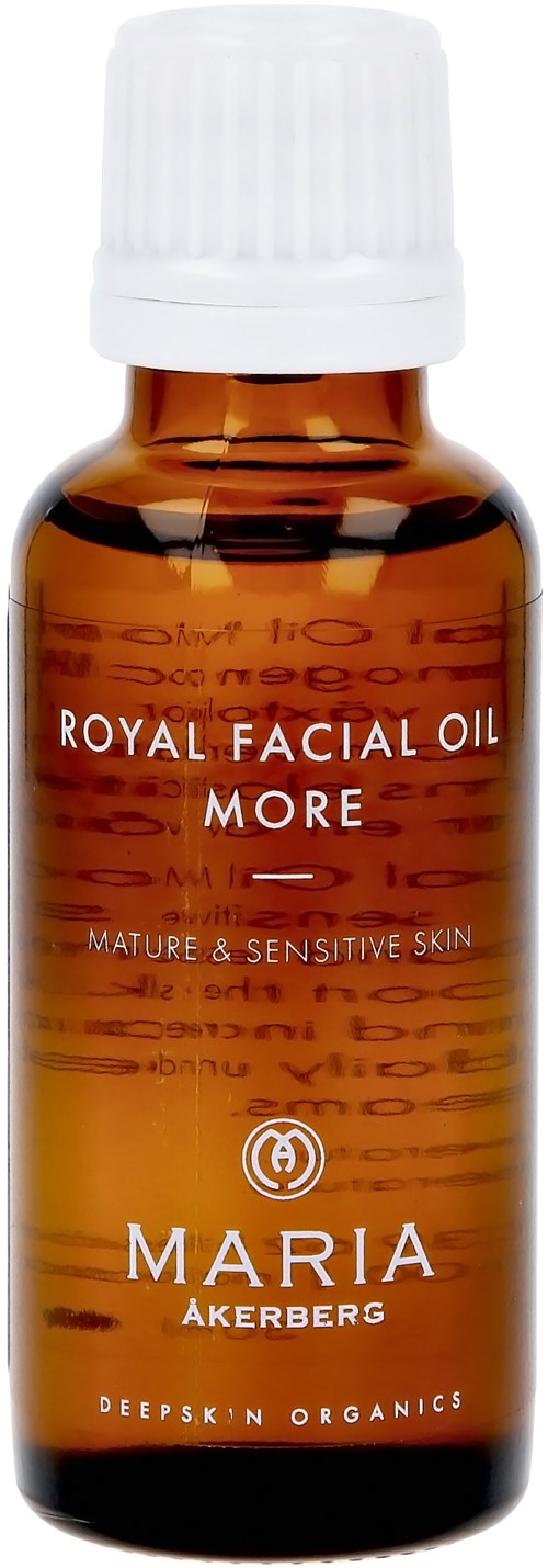 Small brown bottle with white cap, labeled 'Royal Facial Oil More' by Maria Åkerberg. For sensitive skin.