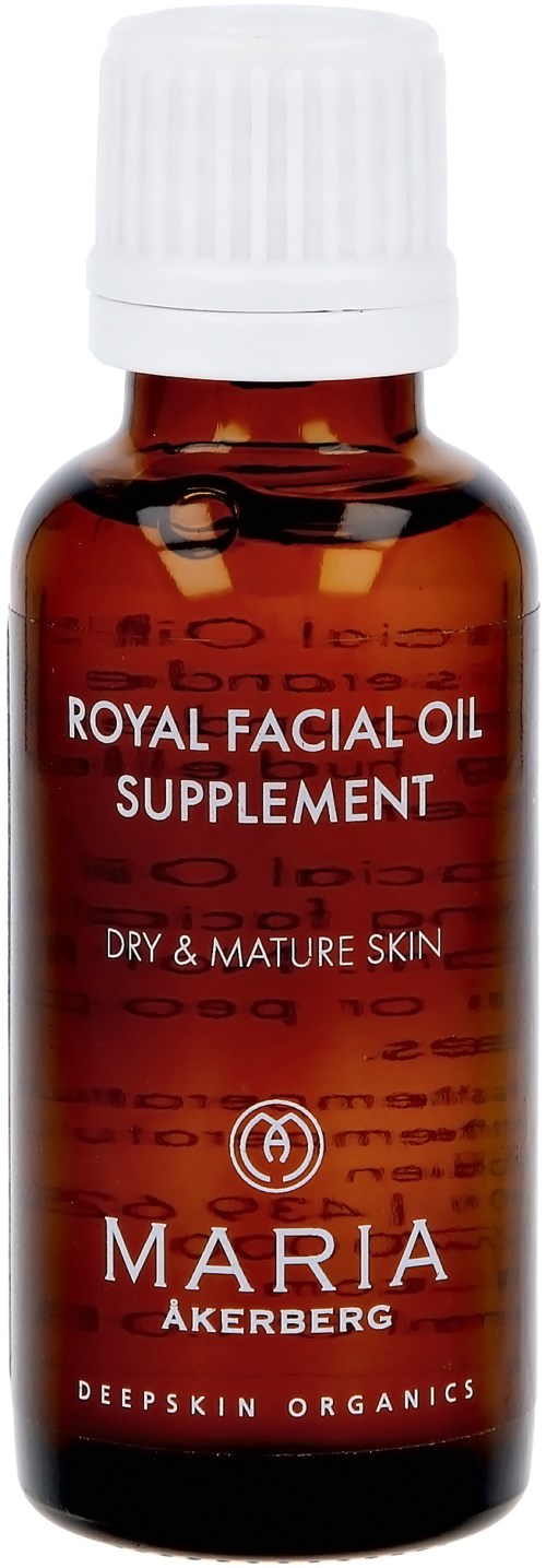 Kleine bruine fles met 'Royal Facial Oil Supplement' voor droge en rijpe huid door Maria Akerberg.