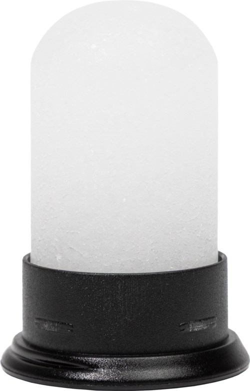 A white light bulb with a black base, standing upright.
