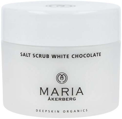 Valkoinen purkki, jossa lukee 'Salt Scrub White Chocolate' ja Maria Åkerberg, yksinkertainen ulkoasu.
